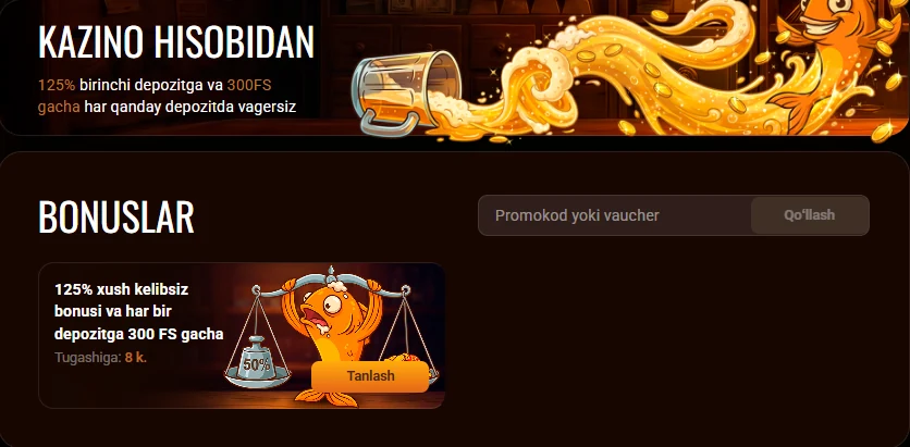 Beer Casino Bonuslar sahifasi: 125% taklif va promokod maydoni